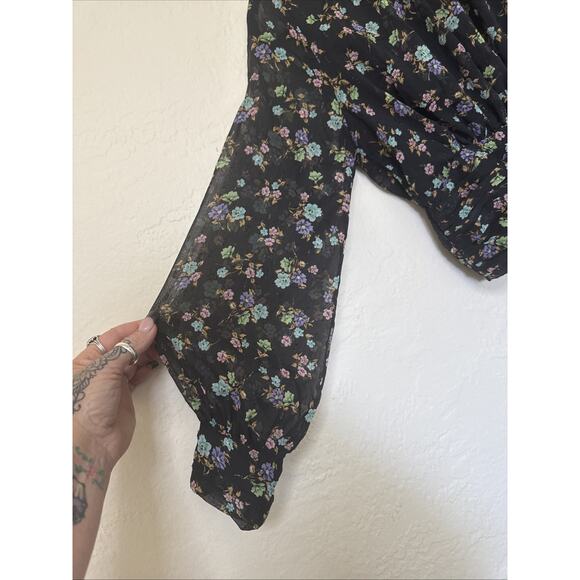 Zara Crop Black Sheer Floral Blouse Y2K Long Sleeve high mock neck keyhole sz S - Picture 5 of 15